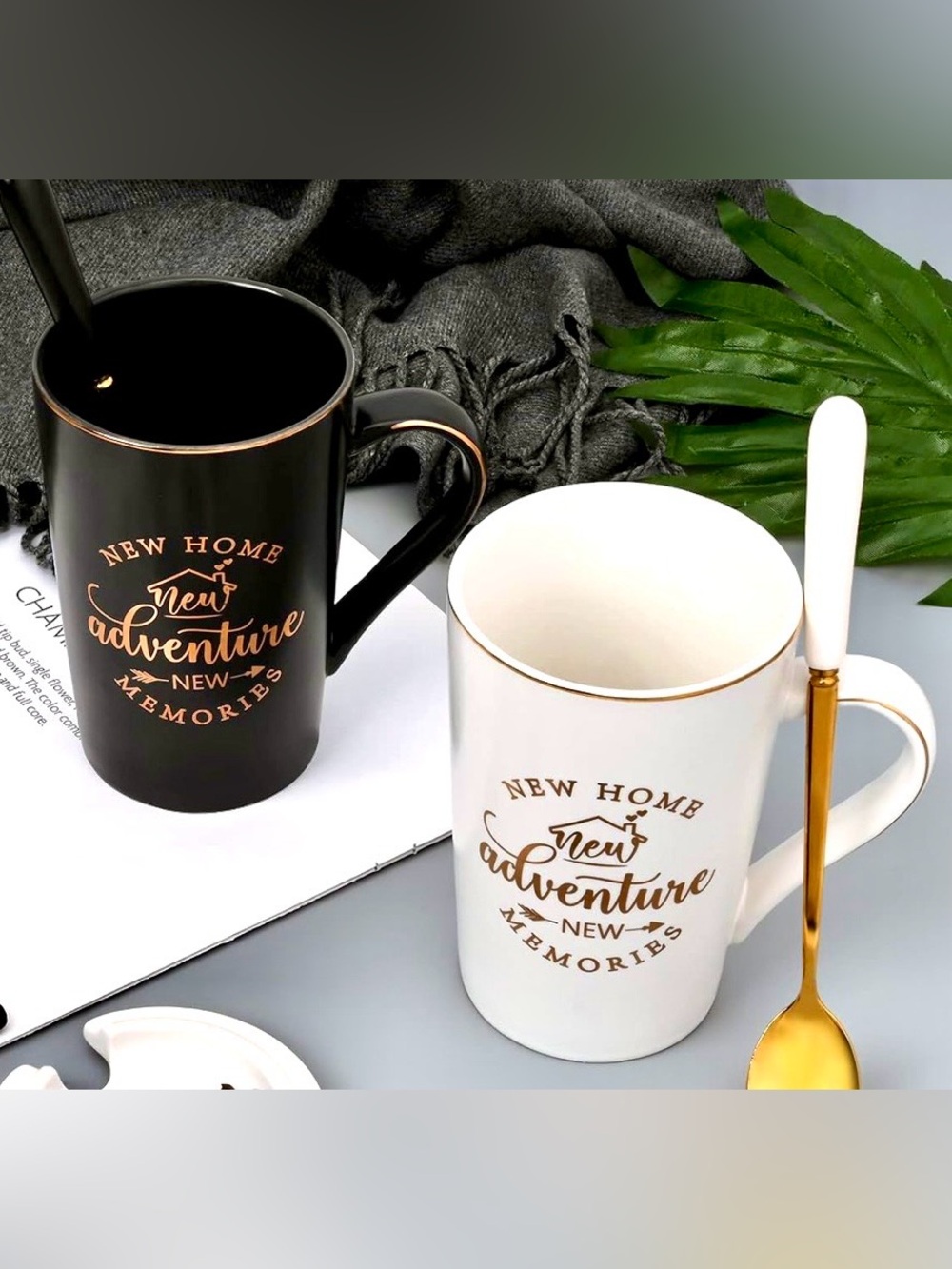 New Home Mug Set 14oz Black & White Coffee Cups & Gold Spoons Housewarming NIB